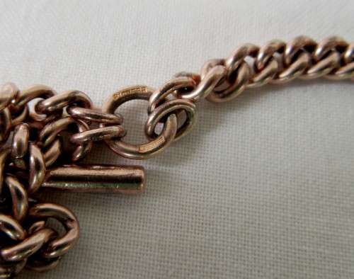 COLLECTIBLE ANTIQUE DOUBLE ROSE GOLD PLATED FOB CHAIN AND BAR 44 CM~IDEAL NECKLACE