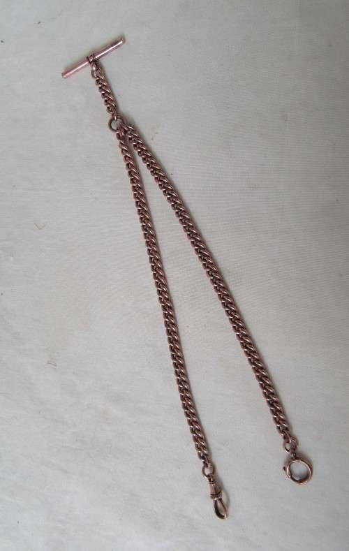 COLLECTIBLE ANTIQUE DOUBLE ROSE GOLD PLATED FOB CHAIN AND BAR 44 CM~IDEAL NECKLACE