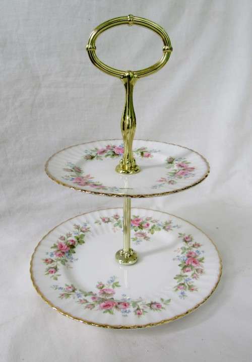 COLLECTIBLE VINTAGE TWO-TIER MOSS ROSE PARAGON CAKE MUFFIN STAND~NO DAMAGES
