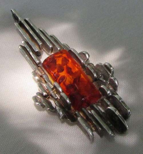 IMPORTANT MID CENTURY HEAVY MODERNIST MARKED 925 SILVER GENUINE BALTIC AMBER PENDANT WOW WOW!!!