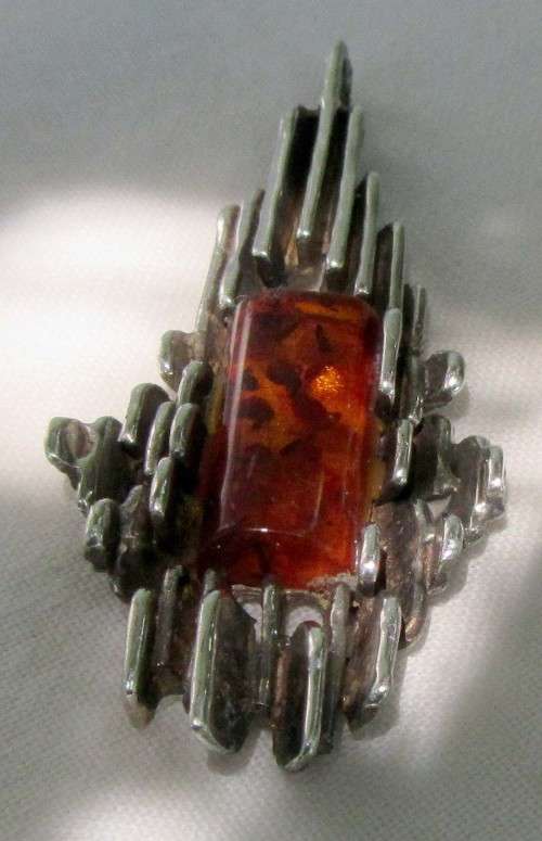 IMPORTANT MID CENTURY HEAVY MODERNIST MARKED 925 SILVER GENUINE BALTIC AMBER PENDANT WOW WOW!!!