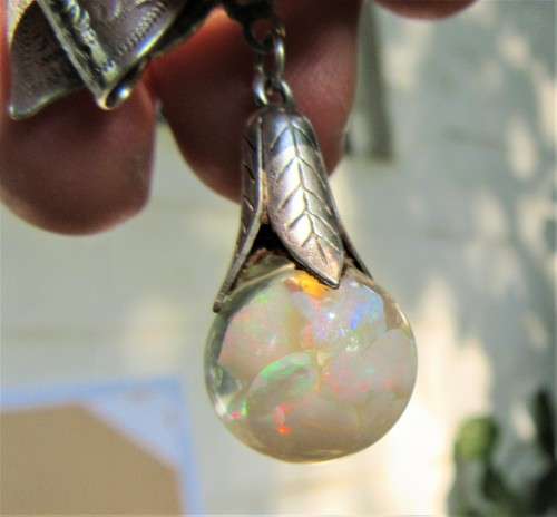 RARE VINTAGE STERLING SILVER BOW BROOCH AND GLASS SPHERE WITH REAL OPAL FLAKES