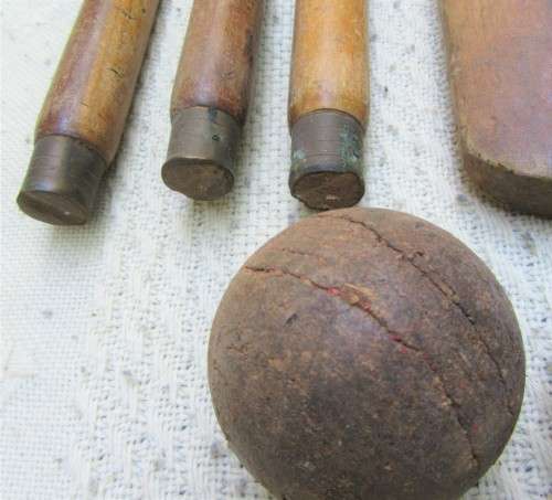 VERY OLD CRICKET SET 2 BATS, SET OF WICKETS, OLD BALLS AND ORIGINAL BAG USED BUT INTACT
