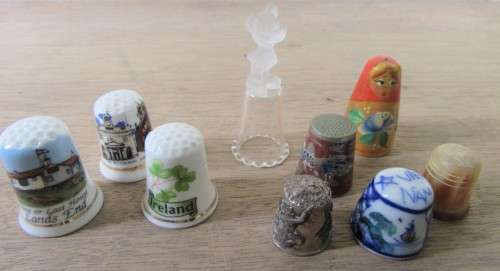 WOW COLLECTION 9 NOVELTY COLLECTOR THIMBLES, CLOISONNE SILVER BONE GLASS ETC WOW!!!