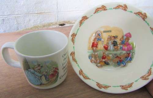 VINTAGE ROYAL DOULTON BUNNYKINS CEREAL BOWL AND A WEDGWOOD PETER RABBIT MUG BOTH VGC