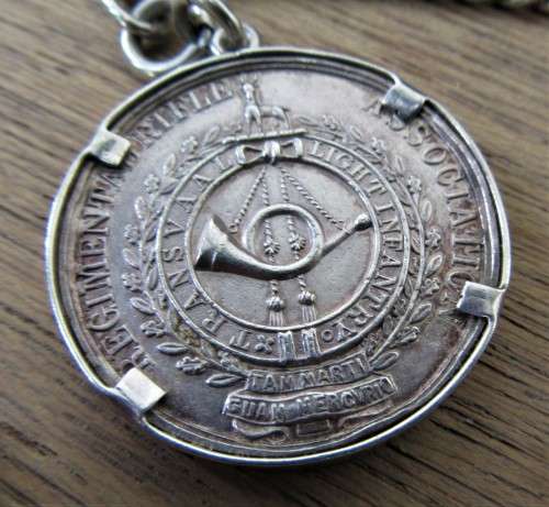 RARE h/m STERLING SILVER TRANSVAAL LIGHT INFANTRY BADGE & CHAIN + RARE MAHOGNANY TEA CADDY