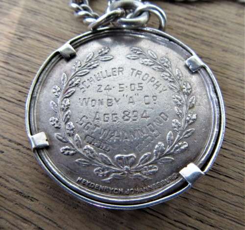 RARE h/m STERLING SILVER TRANSVAAL LIGHT INFANTRY BADGE & CHAIN + RARE MAHOGNANY TEA CADDY