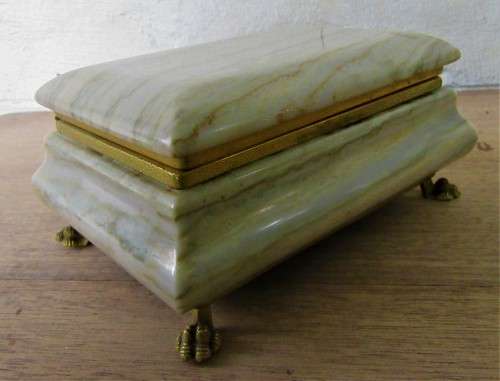 VINTAGE MARBLE COVERED BOX GILT OR BRASS LION PAW FEET GILT BRASS TRIM FULL OF TREASURE WOW!!!