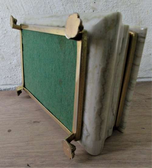 VINTAGE MARBLE COVERED BOX GILT OR BRASS LION PAW FEET GILT BRASS TRIM FULL OF TREASURE WOW!!!