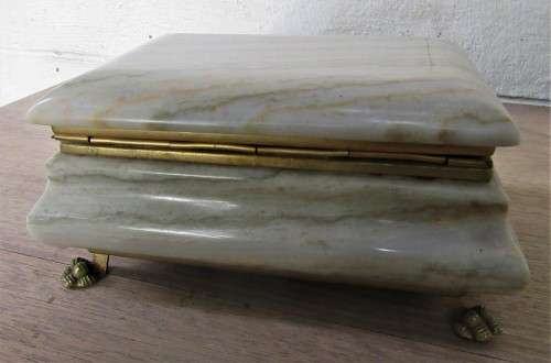 VINTAGE MARBLE COVERED BOX GILT OR BRASS LION PAW FEET GILT BRASS TRIM FULL OF TREASURE WOW!!!
