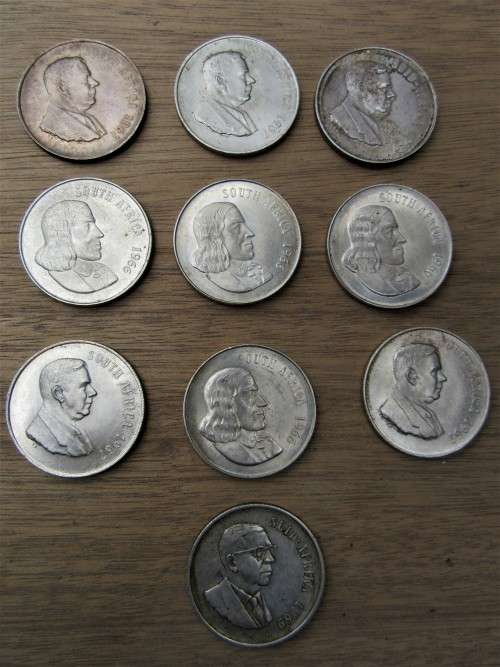 TEN (10) SOUTH AFRICAN 80% SILVER COINS SOME WITH "SUID" BID PER COIN