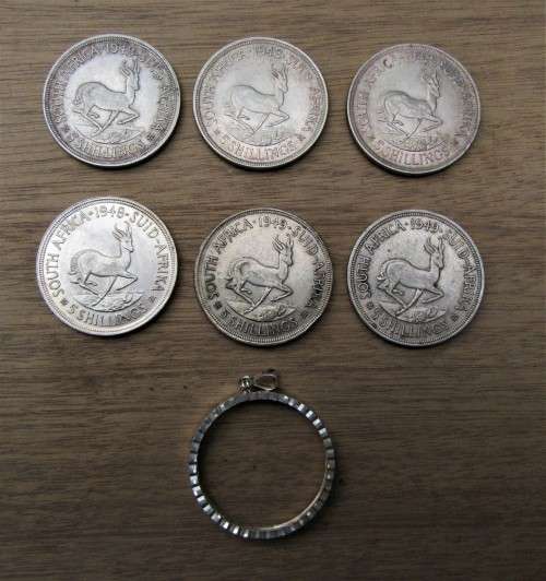 SIX (6) SOUTH AFRICAN  1940s SILVER 5 SHILLING COINS. SOME FINE. COIN HOLDER FREE. BID PER COIN