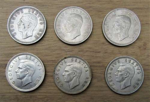 SIX (6) SOUTH AFRICAN  1940s SILVER 5 SHILLING COINS. SOME FINE. COIN HOLDER FREE. BID PER COIN