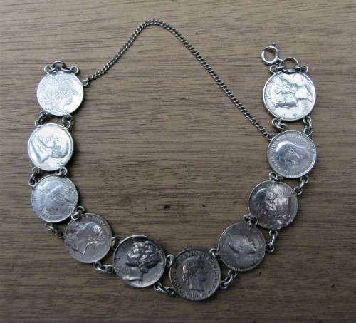 CHARMING 10 COIN SILVER BRACELET SOME COINS 1800S EVEN KRUGER COINS INTACT WOW