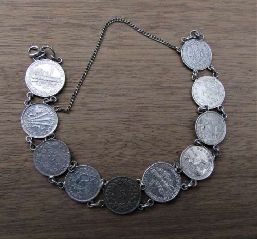 CHARMING 10 COIN SILVER BRACELET SOME COINS 1800S EVEN KRUGER COINS INTACT WOW