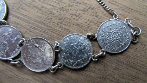 CHARMING 10 COIN SILVER BRACELET SOME COINS 1800S EVEN KRUGER COINS INTACT WOW