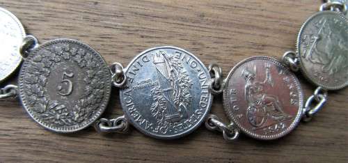CHARMING 10 COIN SILVER BRACELET SOME COINS 1800S EVEN KRUGER COINS INTACT WOW