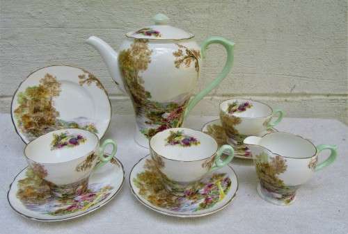 STUNNING VINTAGE PART SHELLEY HEATHER COFFEE SET INCL POT, ALL VGC BARGAIN!!!