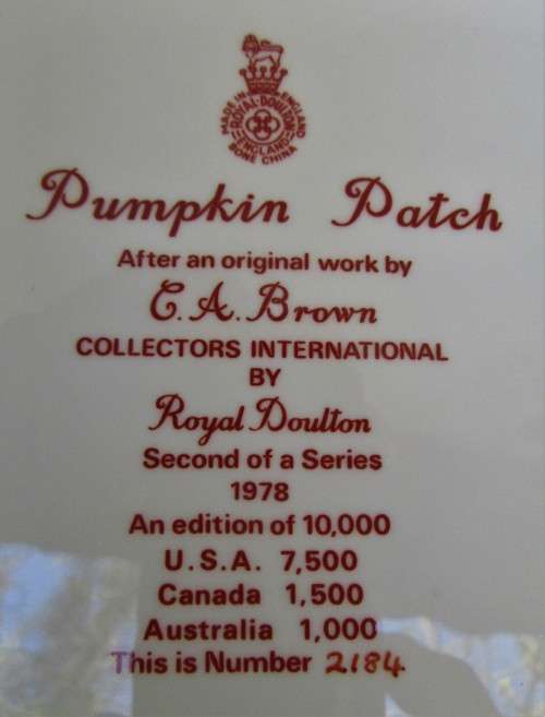 GORGEOUS LTD EDITION ROYAL DOULTON CABINET PLATE ENTITLED PUMPKIN PATCH C1978 PERFECT COND.