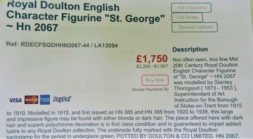 FREE COURIER DELIVERY~HUGE RARE ROYAL DOULTON FIGURINE OF ST GEORGE ON HORSE BACK HN 2067~READ