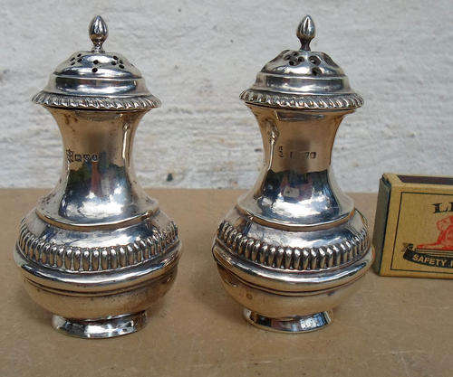 ANTIQUE HM SILVER PEPPER CRUET SET~TALL ELEGANT SHAPE~COMBINED WEIGHT 88.4 GRAMMS