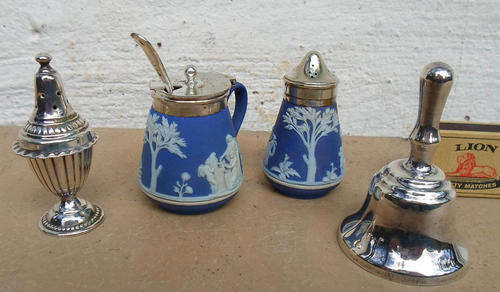 LOVELY VINTAGE WEDGWOOD JASPER WARE CRUET SET~PLUS DINNER BELL AND SP PEPPER