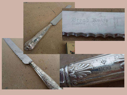 JUST IN TIME FOR XMAS~VINTAGE BREAD KNIFE~HALLMARKED 1942 KINGS PATTERN SILVER HANDLE~SERATED BLADE
