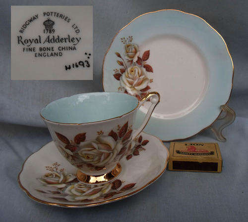 QUALITY ROYAL ADDERLEY FINE BONE CHINA TRIO~OFF PINK ROSES~FULL PATTERN~TRIO D