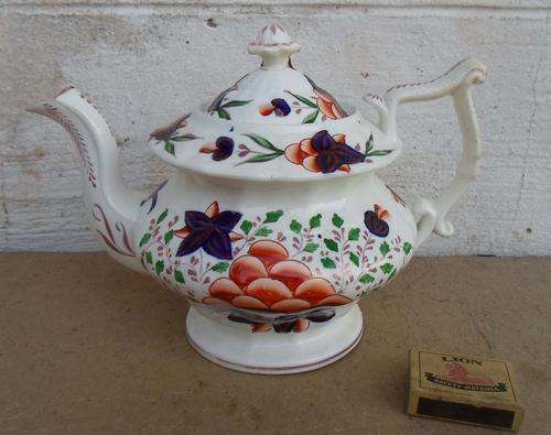 GENUINE MID 19TH CENTURY GAUDY WELSH TEAPOT AND COVER~ANTIQUE LID STAPLE