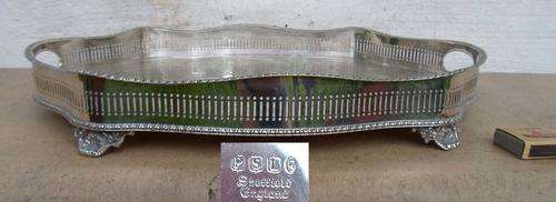 ANTIQUE SHAPED SP GALLERY TRAY ON ORNATE FEET~SHEFFIELD ENGLAND~NOT WORN!!