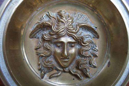 VERY OLD ARCHITECTURAL BRASS WINGED ART NOUVEAU LADY HEAD SET IN OAK (A)