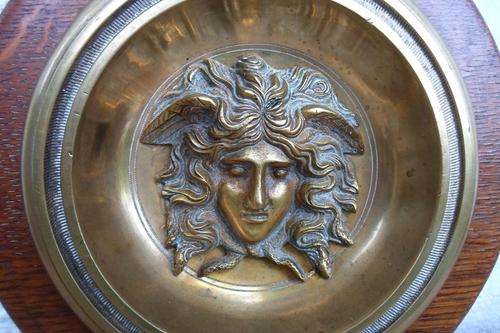 VERY OLD ARCHITECTURAL BRASS WINGED ART NOUVEAU LADY HEAD SET IN OAK (B)