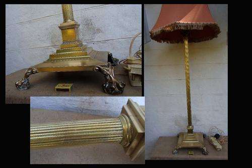 GENUINE ANTIQUE VICTORIAN GILT METAL CORINTHIAN COLUMN TELESCOPIC LAMP~SQUARE BASE CLAW & BALL FEET