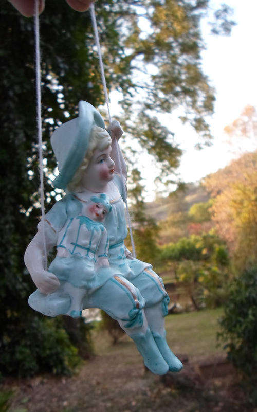 UTTERLY DELIGHTFUL ANTIQUE EDWARDIAN BISQUE GIRL ON A SWING WITH JESTER DOLL~WOW!!!!