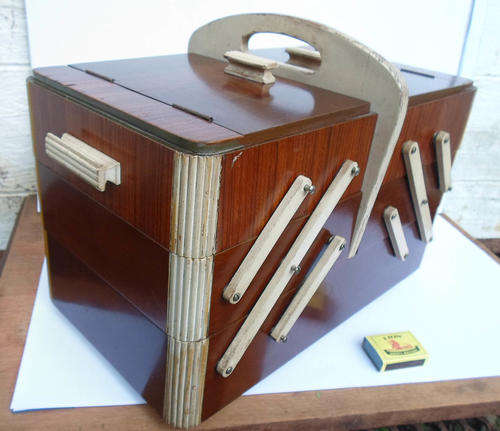 OLD PULL OUT SEWING BOX~ORIGINAL CONTENTS~HM THIMBLE PARKER PENS +++