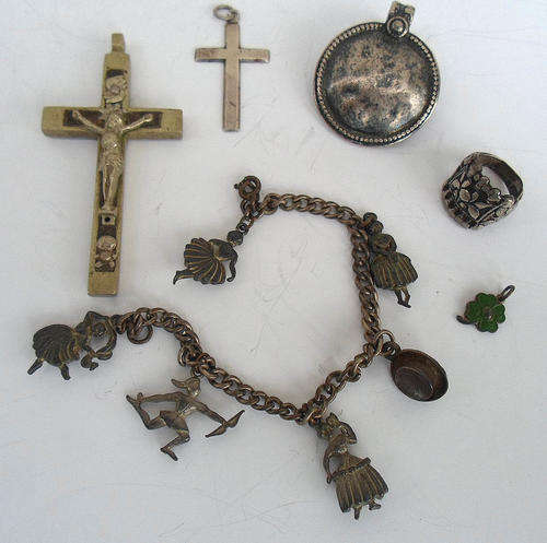 AMAZING COLLECTION~OLD SILVER RING, METAL CHARM BRACELET, CRUCIFIX AND MORE~L@@K!!!!