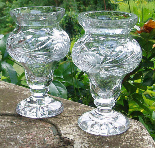 STUNNING AND UNUSUAL PAIR OF CUT GLASS/CRYSTAL~ROSE PATTERN VASES/CANDLE HOLDERS~HAND CUT