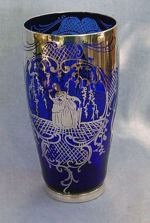 CRAZY R1 AUCTION~VNICE~ VINTAGE REAL SILVER OVERLAY VASE~BRISTOL BLUE GLASS~CRINOLIN LADY AND GENT