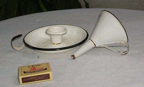 VERY RARE VINTAGE ENAMEL SMALL FUNNEL~PLUS NICE ENAMEL CHAMBER CANDLE STICK~POST SA R23