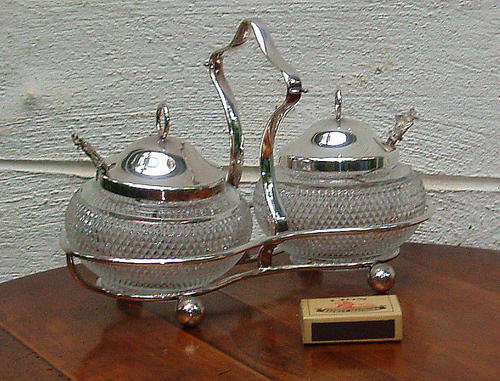 REALLY NICE VINTAGE MARMALADE & JAM SET IN SP FRAME~LIDDED JARS WITH SPOONS ATTACHED