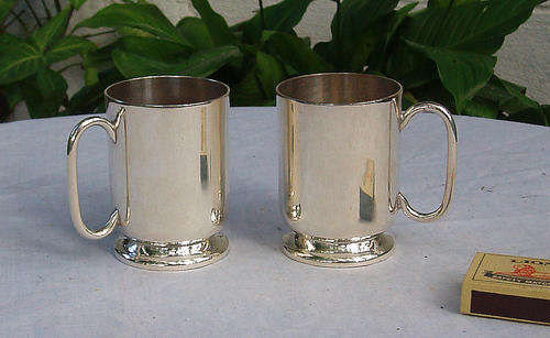 NICE PAIR MATCHING MINIATURE MUGS~SILVER PLATED IN EXCELLENT CONDITION