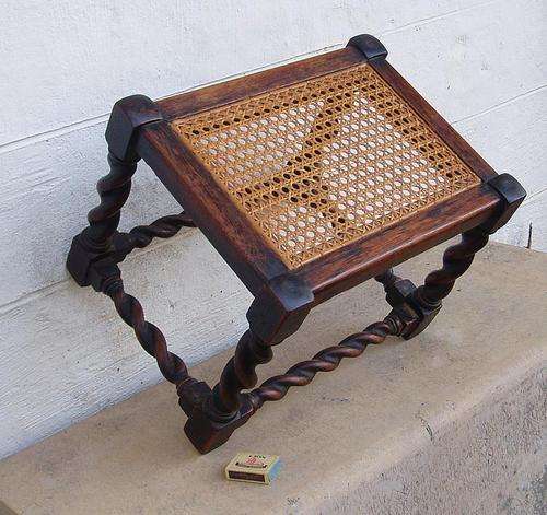 CHARMING ANTIQUE RATTAN & DARK OAK~BARELY TWIST FOOT STOOL