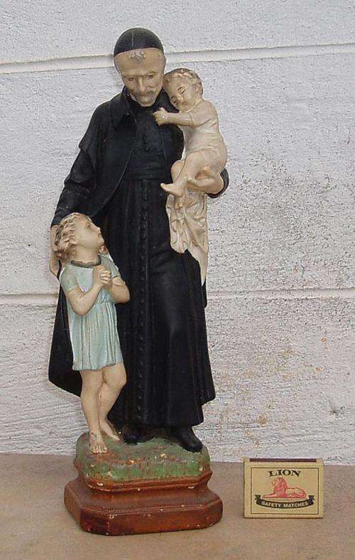 CHARMING VINTAGE/ANTIQUE~SIGNED RELIGIOUS FIGURE HOLDING TWO CHILDREN~MADE IN FRANCE
