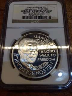 NORWAY SOUTH AFRICA 2001 GOLD 1OZ SILVER MEDALLION MANDELA DE KLERK PF69 UC NGC