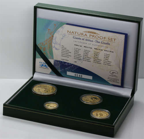 2006 South Africa Gold 4 coin Proof set Giraffe Natura series in green velvet box and certificate