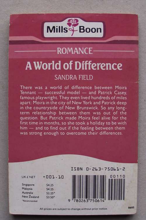MILLS & BOON: A WORLD OF DIFFERENCE by Sandra Field (good cond.)