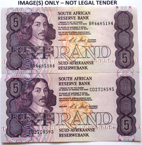 R5 Notes: 2 Stals Notes with Prefix BR & CD. Like New - See Scans.