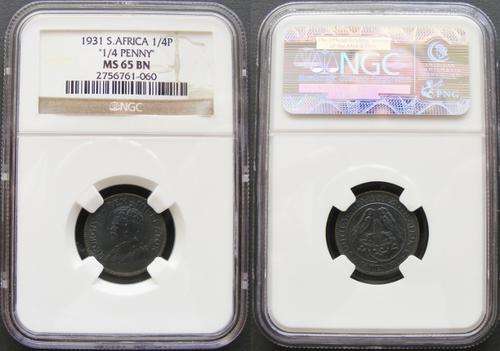 Union of SA,King GeorgeV High Grade Coppers:2ndType Set.Item 5of 5:1931 1/4Penny NGC MS65BN.R1 Start