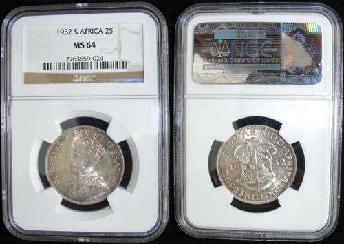 Top grade 1932 Union of SA Coins.Item 5 of 6:2S NGG MS64.Second Finest Known.R1 Start