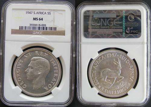 High grade Union of SA Silver Crowns:Item 1 of 4:1947 NGC MS64.R1 Start
